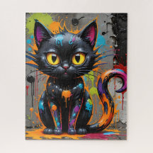 Black Rainbow Splatter Cat Jigsaw Puzzle