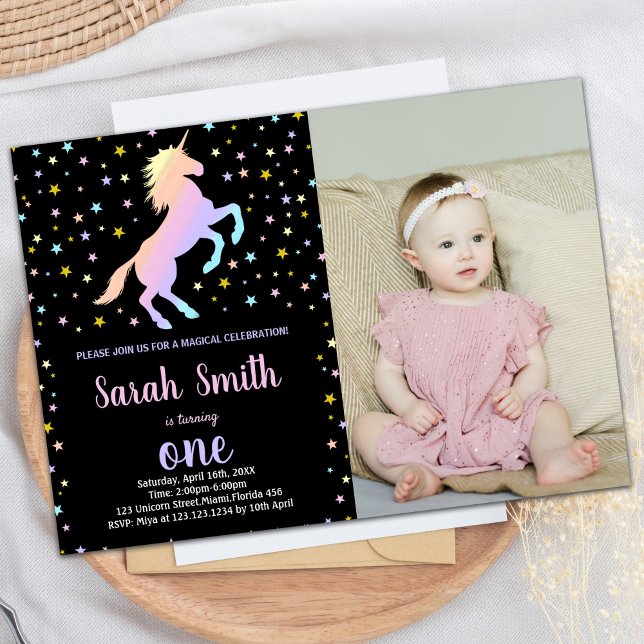Black Rainbow Unicorn Anniversaire Invitations ave (Black Rainbow Unicorn Birthday Invitations w photo)