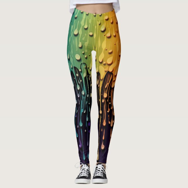 Black Rainbow Water Drops Leggings (Front)