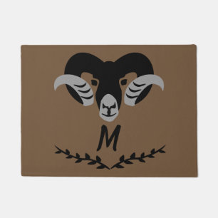 Black Ram with Twisted Horns Silhouette Monogram Doormat