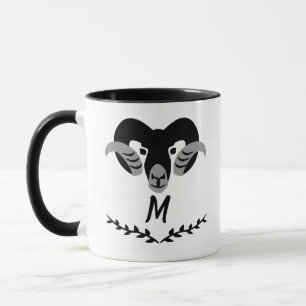 Black Ram with Twisted Horns Silhouette Monogram Mug