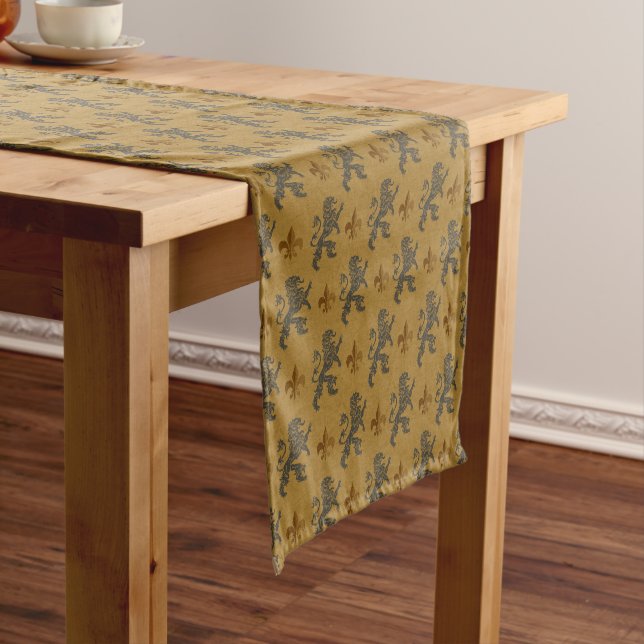 Black Rampant Medieval Lions Fleurs Short Table Runner (In Situ)