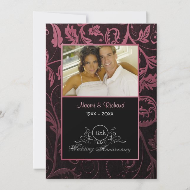 Black & Raspberry Damask 12th Wedding Anniversary Invitation (Front)