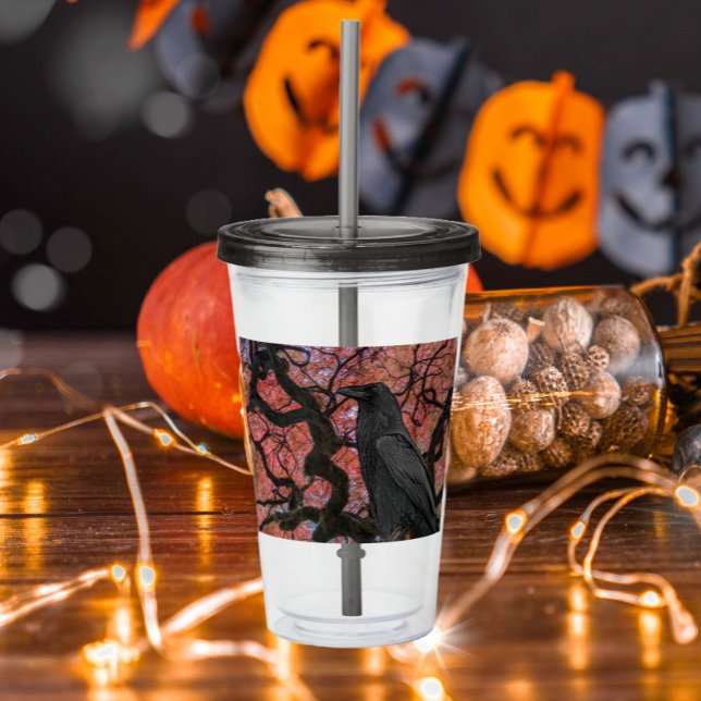 Black Raven and Gnarly Japanese Maple Tree Acrylic Tumbler (In Situ Halloween)