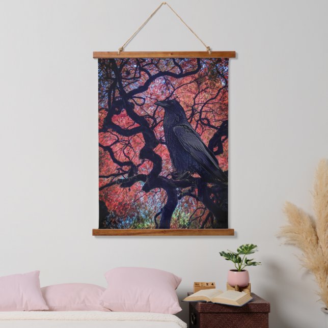 Black Raven and Gnarly Japanese Maple Tree Hanging Tapestry (Bedroom)