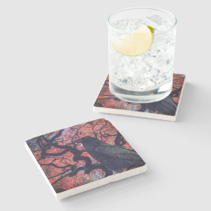 Black Raven and Gnarly Japanese Maple Tree Stone Coaster