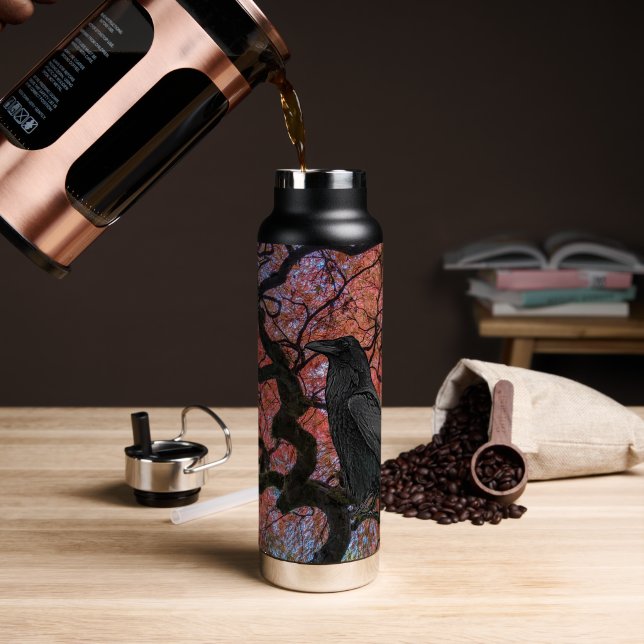 Black Raven and Gnarly Japanese Maple Tree Water Bottle (Coffee (Rotated))