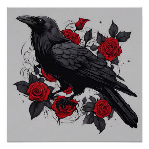 Black Raven and Red Roses Poster