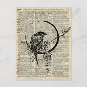 Black Raven Bird stencil over old dictionary page Postcard