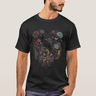 Black Raven Cottagecore Heart Nature Flower Gothic T-Shirt
