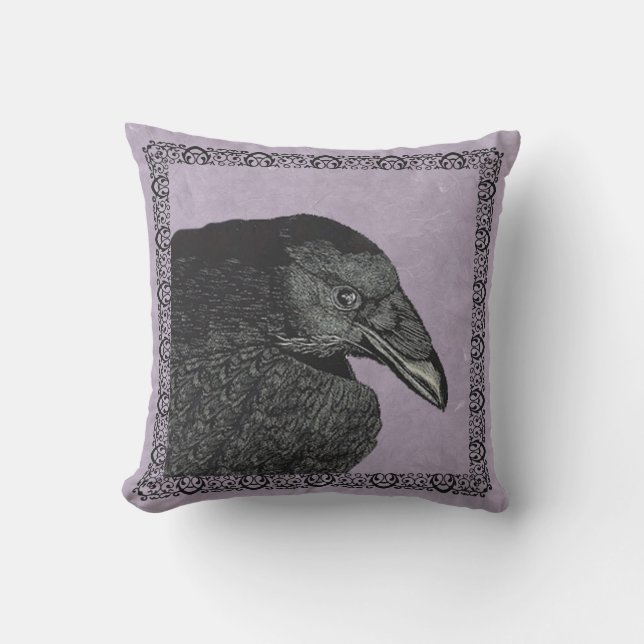 Black Raven Crow in Ornate Frame on Mixed Purples Throw Pillow (Front)
