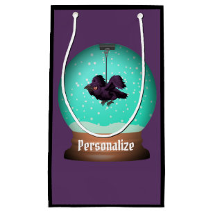 Black raven crow snow globe purple whimsical  small gift bag