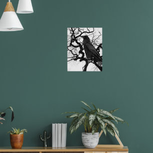 Black Raven in Tree Black and White Photo Poster