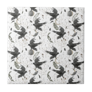 Black Raven, Moon and Wild Plants Witchcraft  Tile