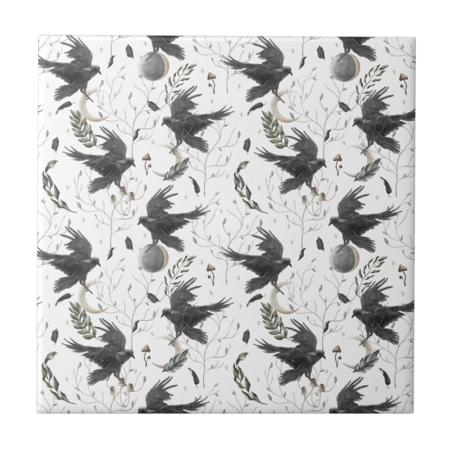 Black Raven, Moon and Wild Plants Witchcraft  Tile (Front)