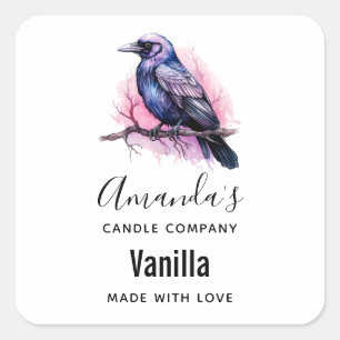 Black Raven on a Branch Candle Business Square Sticker
