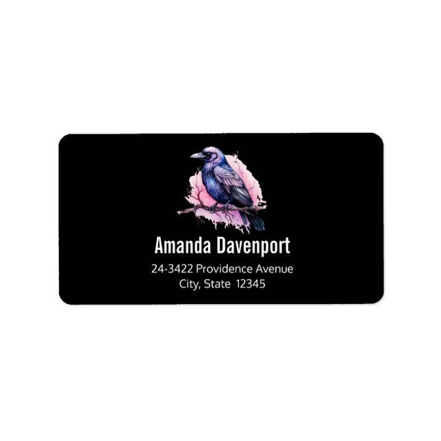 Black Raven on a Branch Illustration Address Label (Front)