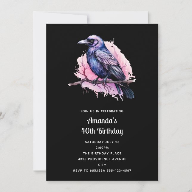 Black Raven on a Branch Illustration Birthday Invitation (Front)