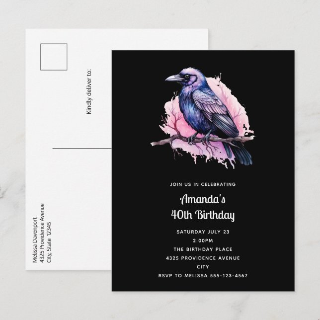 Black Raven on a Branch Illustration Birthday Invitation Postcard (Front/Back)