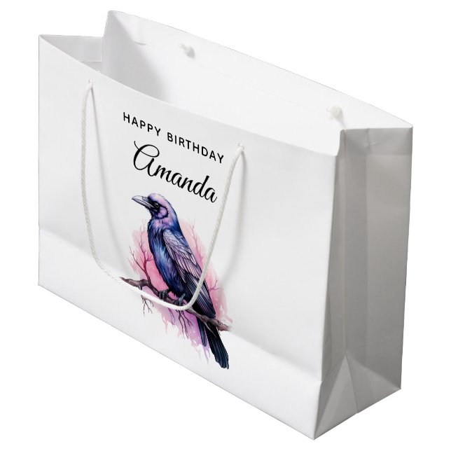 Black Raven on a Branch Illustration Birthday Large Gift Bag (Front Angled)