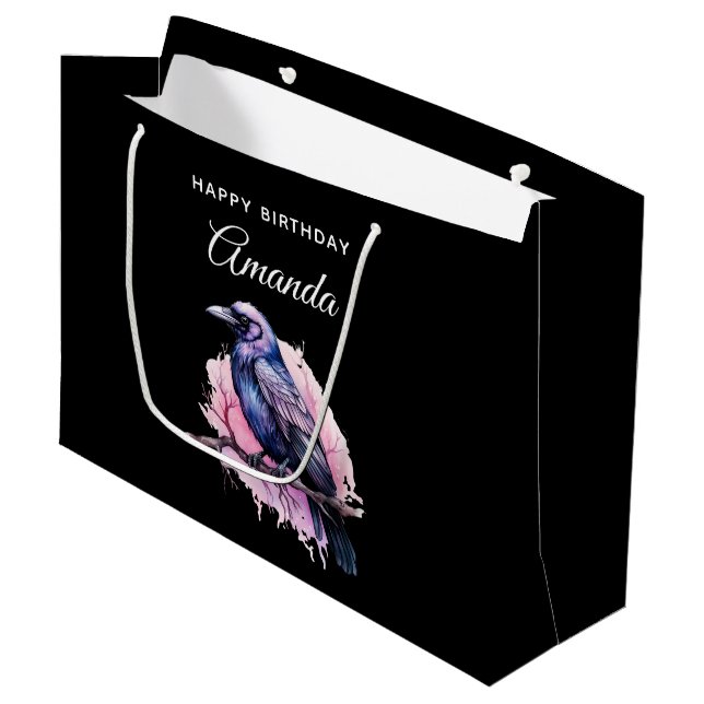 Black Raven on a Branch Illustration Birthday Large Gift Bag (Front Angled)