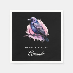 Black Raven on a Branch Illustration Birthday Napkin