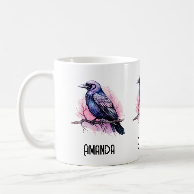 Black Raven on a Branch Illustration Coffee Mug (Left)