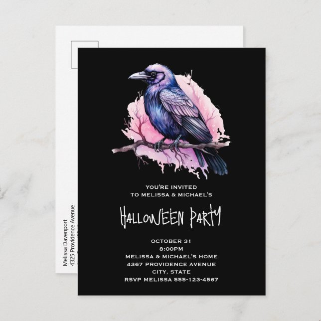 Black Raven on a Branch Illustration Halloween Invitation Postcard (Front/Back)