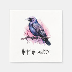Black Raven on a Branch Illustration Halloween Napkin