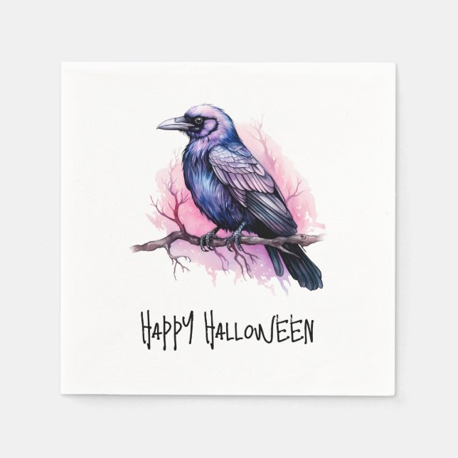 Black Raven on a Branch Illustration Halloween Napkin (Front)
