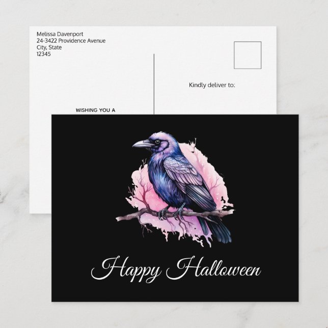 Black Raven on a Branch Illustration Halloween Postcard (Front/Back)