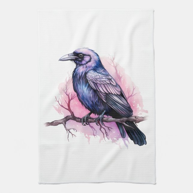 Black Raven on a Branch Illustration Kitchen Towel (Vertical)