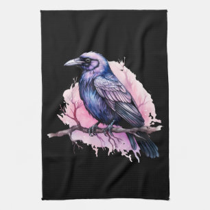 Black Raven on a Branch Illustration Kitchen Towel
