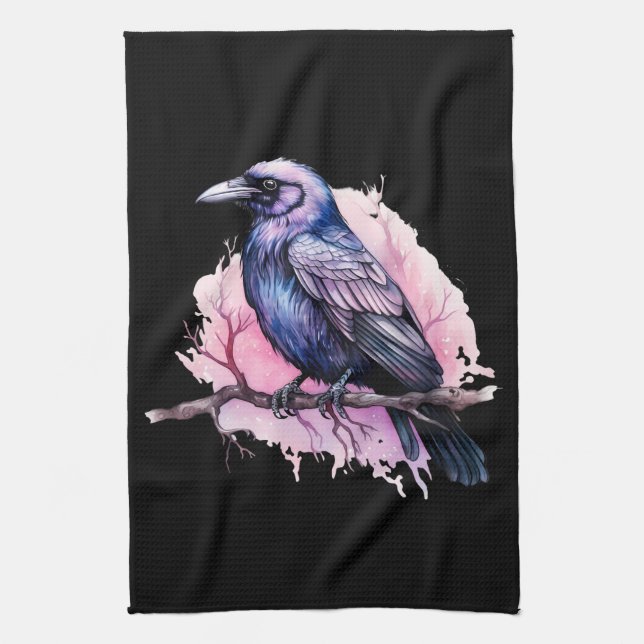 Black Raven on a Branch Illustration Kitchen Towel (Vertical)