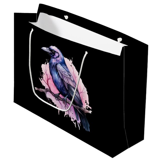 Black Raven on a Branch Illustration Large Gift Bag (Front Angled)
