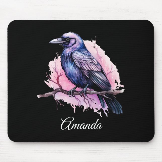 Black Raven on a Branch Illustration Mouse Pad (Front)