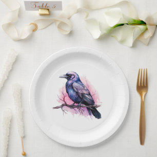 Black Raven on a Branch Illustration Paper Plate