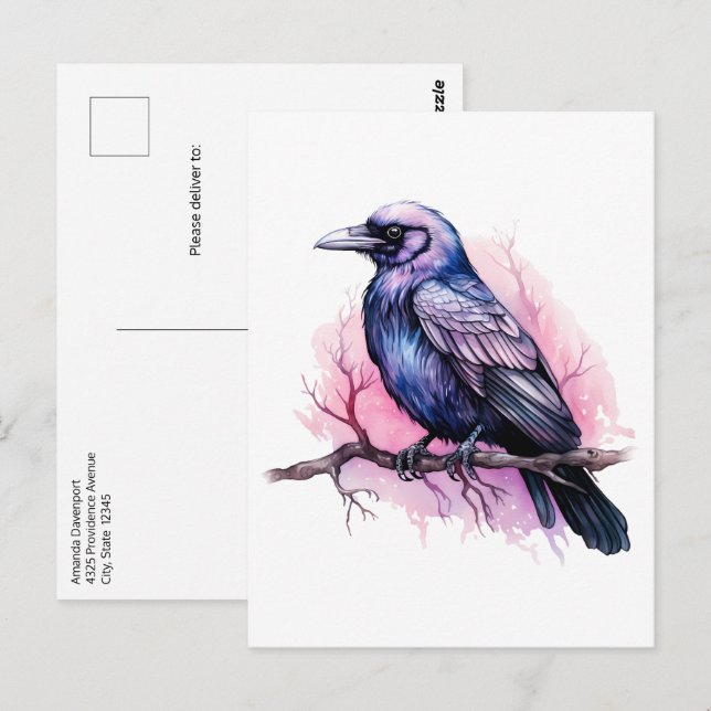 Black Raven on a Branch Illustration Postcard (Front/Back)