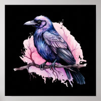 Black Raven on a Branch Illustration