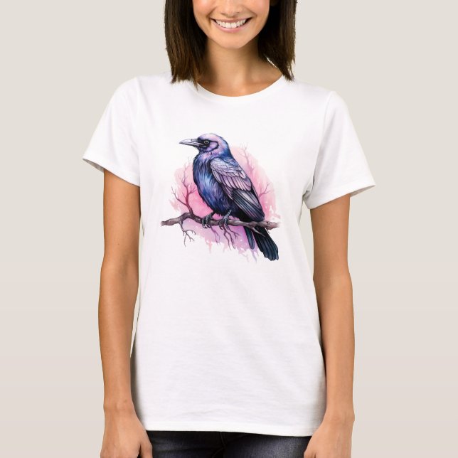 Black Raven on a Branch Illustration T-Shirt (Front)