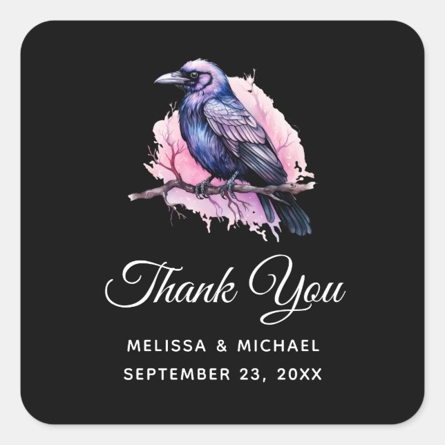 Black Raven on a Branch Illustration Thank You Square Sticker (Front)