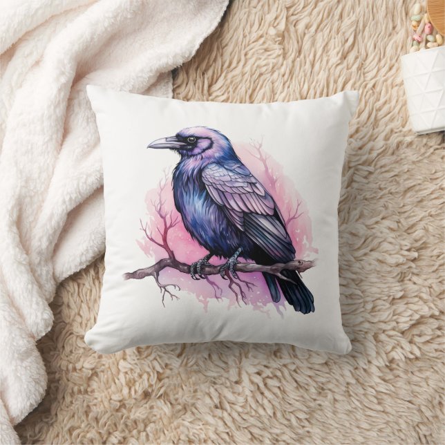 Black Raven on a Branch Illustration Throw Pillow (Blanket)