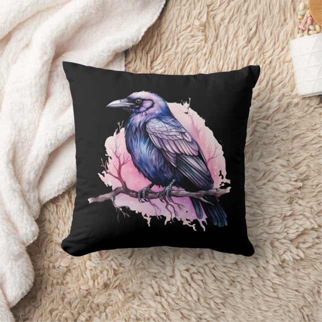 Black Raven on a Branch Illustration Throw Pillow (Blanket)