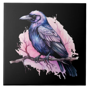 Black Raven on a Branch Illustration Tile