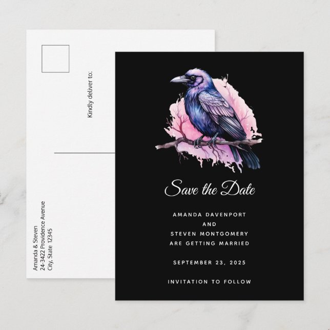 Black Raven on a Branch Illustration Wedding Announcement Postcard (Front/Back)