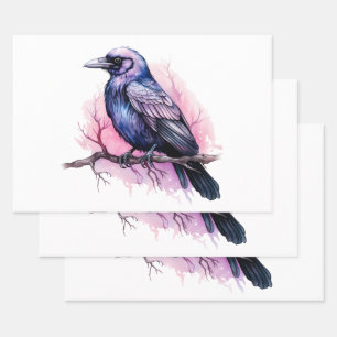 Black Raven on a Branch Illustration Wrapping Paper Sheet