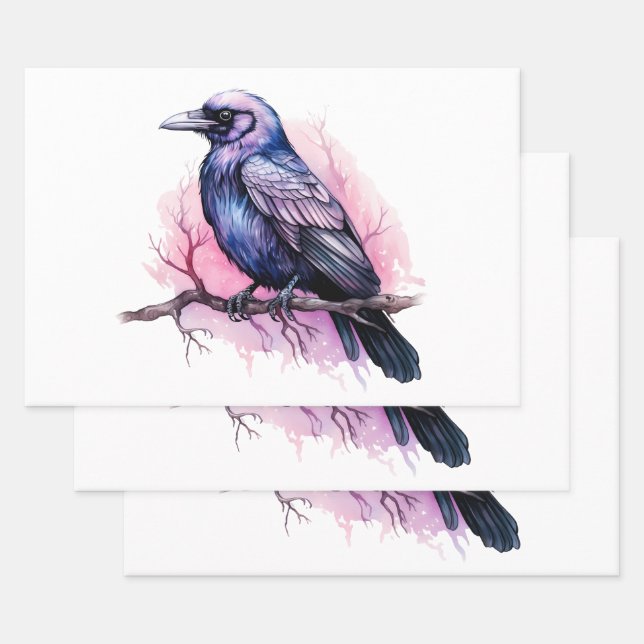 Black Raven on a Branch Illustration Wrapping Paper Sheet (Set)