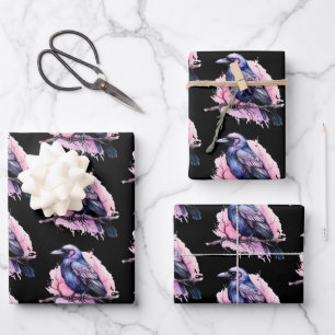 Black Raven on a Branch Pattern Wrapping Paper Sheet