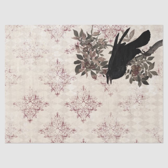 Black Raven on Branch Burgundy Damask Decoupage Tissue Paper (Front)