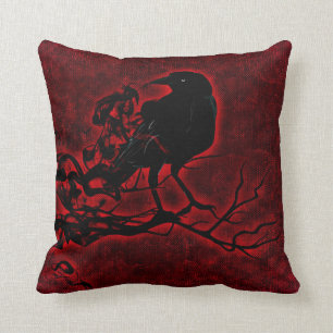 Black Raven on Deep Red Throw Pillow